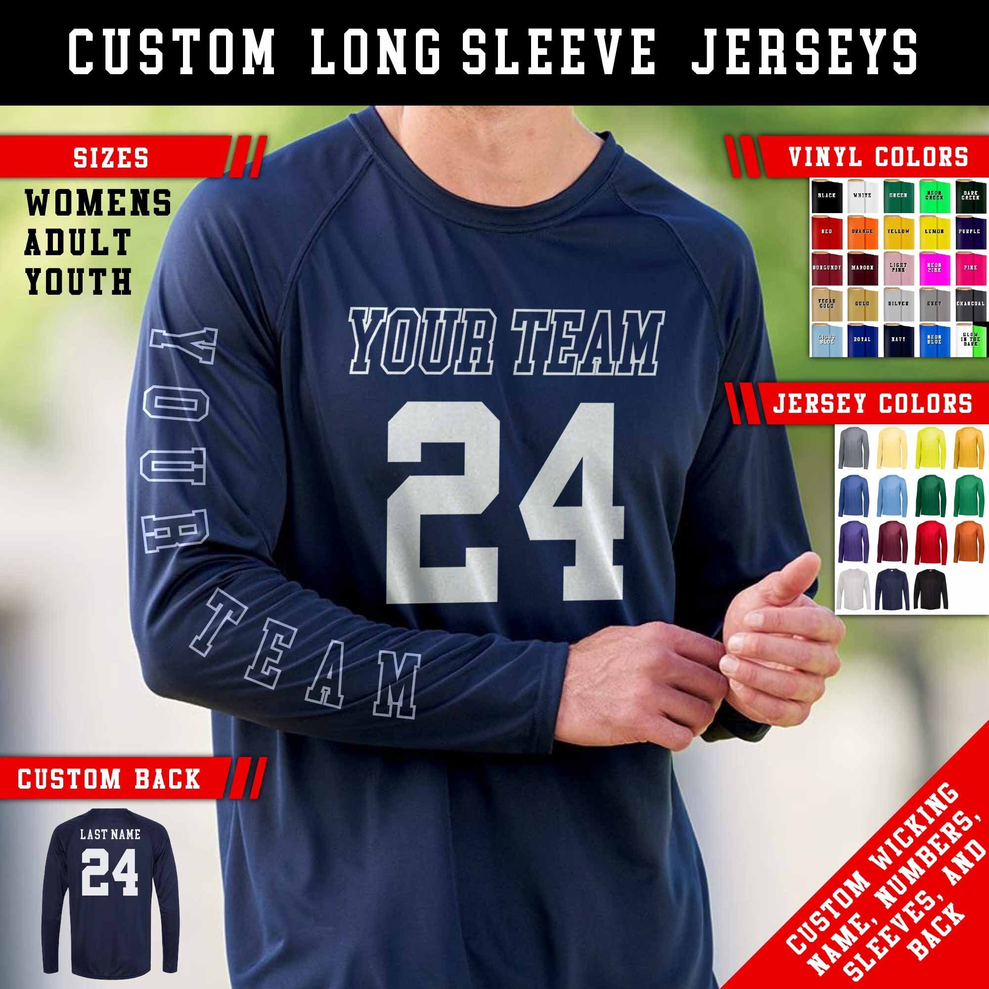 Custom Long Sleeve Team Jersey: Personalized Sportswear, Athletic Uniform Shirt, Custom Name Number Jerseys