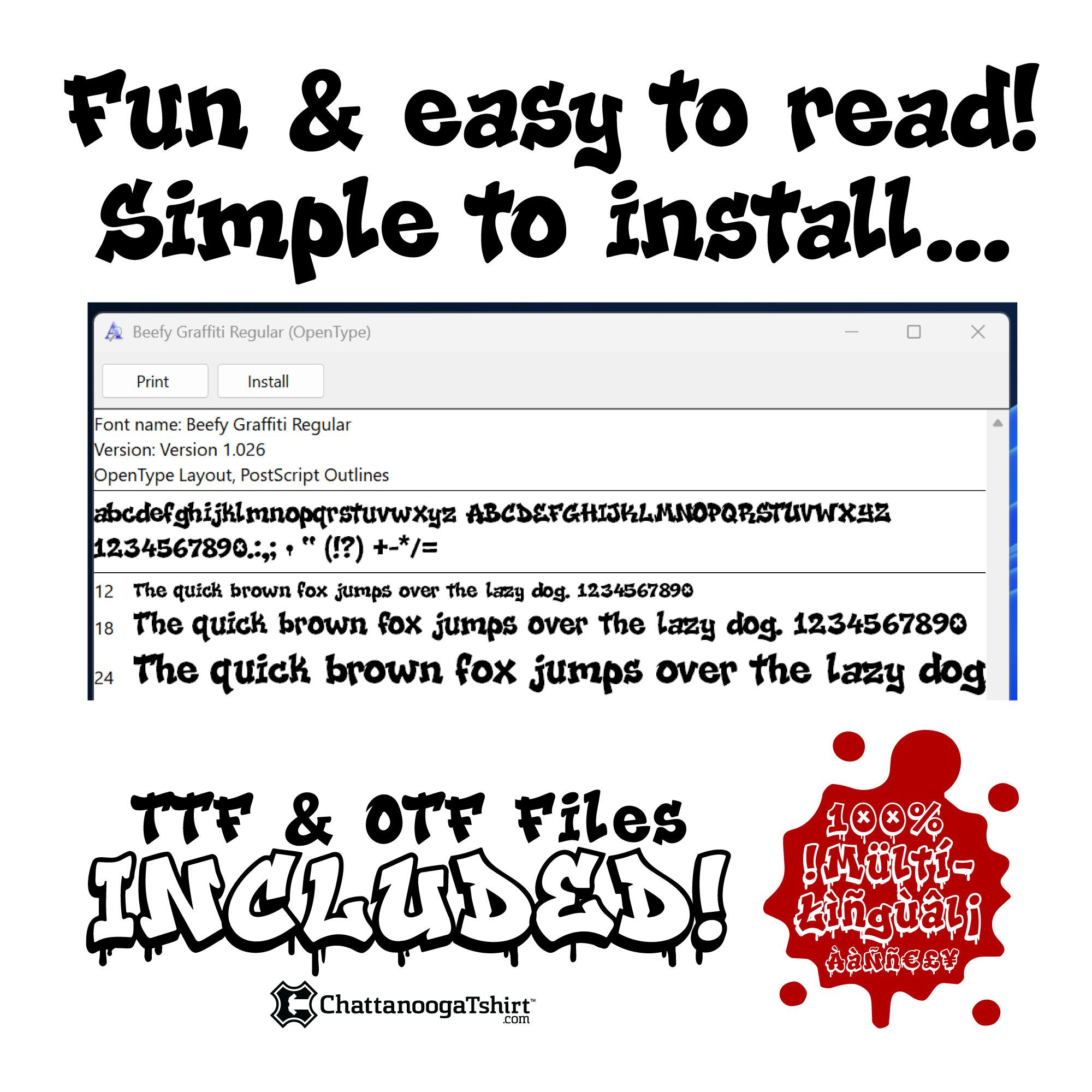 Beefy Graffiti Regular character set in a font preview window, with TTF and OTF files included
